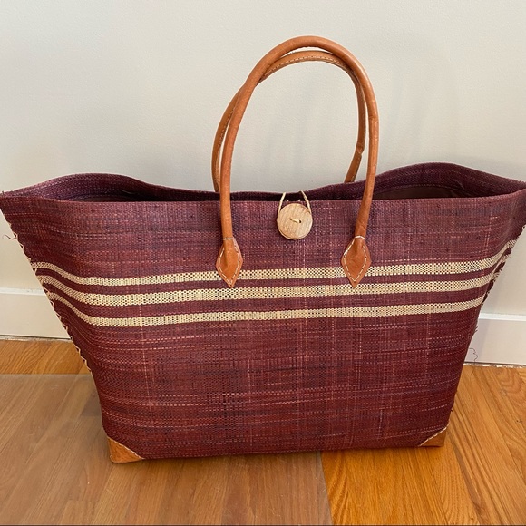 Wicker Tote Bag Burgundy Straw - Picture 3 of 9